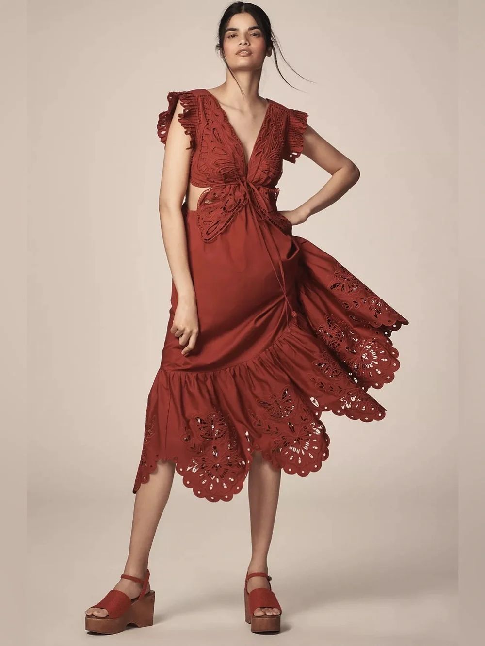 Farm Rio Red Butterfly Flutter-Sleeve Midi Dress Size S